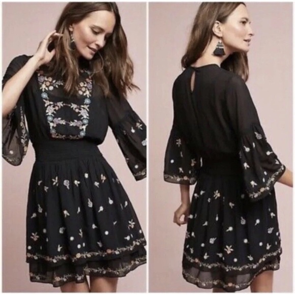 Anthropologie Maeve Anfisa Embroidered Tunic Floral Dress Size 4 Black - Picture 5 of 15
